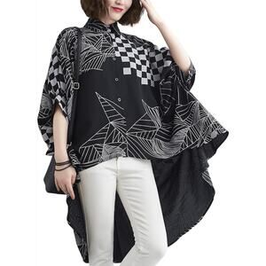 Art Deco Designer Baggy Shirt Bat Wings Abstract Long Chic Blouse White Black